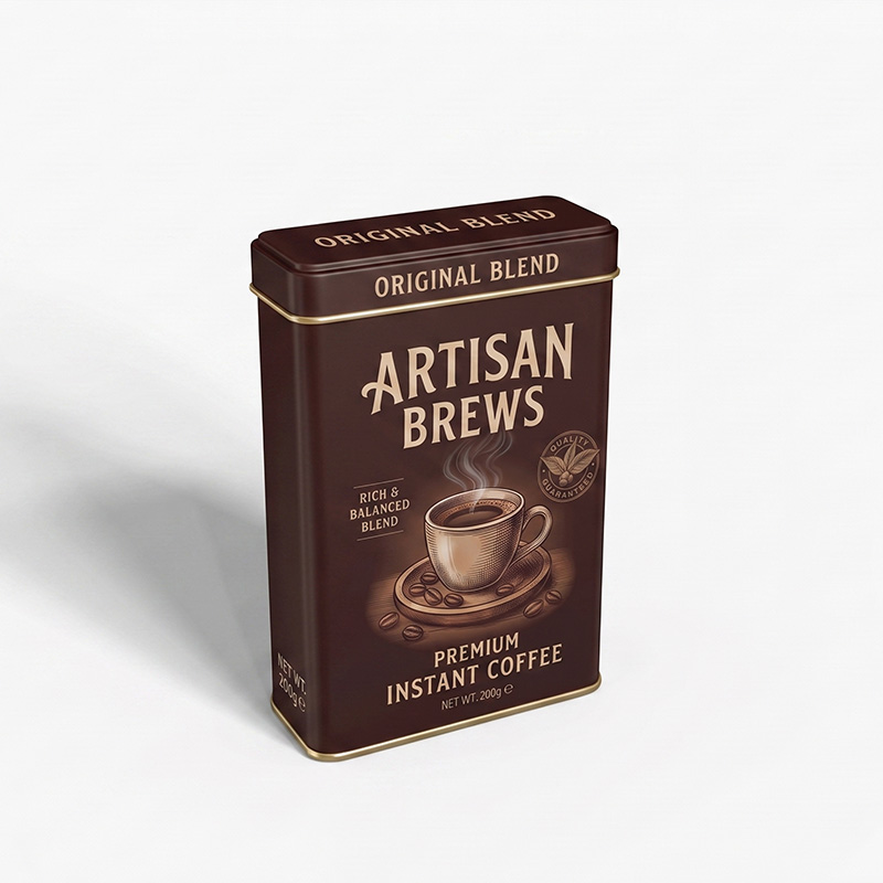 Upright rectangular brown coffee tin box packaging with attached hinged lid