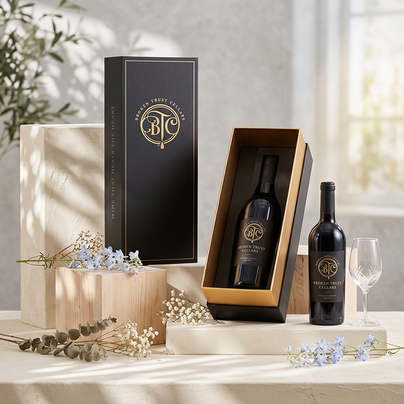 Exibição de estilo de vida elegante de caixa de vinho de papelão rígida personalizada com garrafa de vinho dentro de espuma EVA flocada.