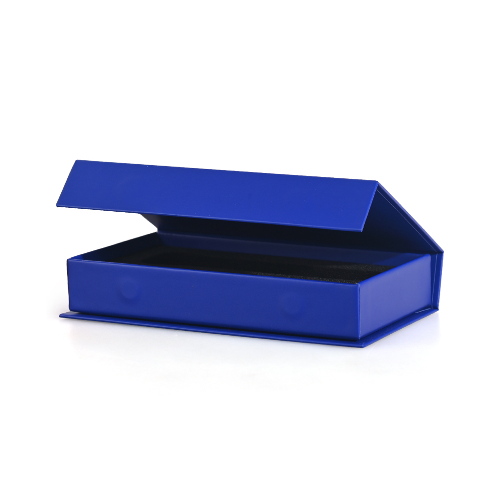 Partially open blue magnetic gift box showing hidden magnet closure