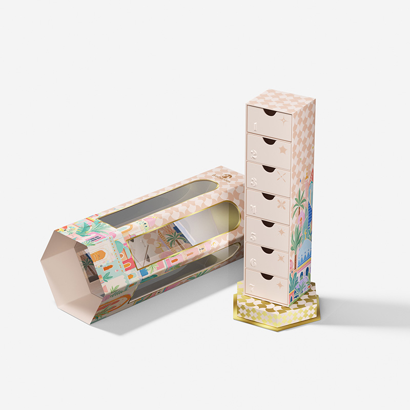 Estructura de embalaje de papel personalizada creativa que muestra una manga hexagonal horizontal y una torre de cajón vertical de 7 días.
