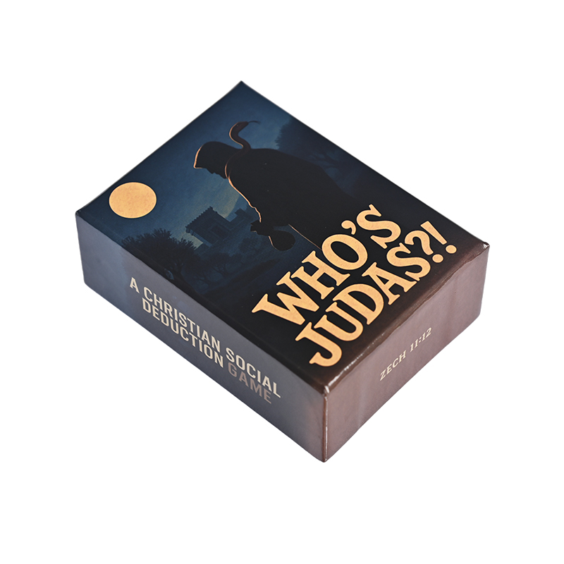 Vista en ángulo de quién es Judas, un juego de deducción social Cristiano personalizado bo