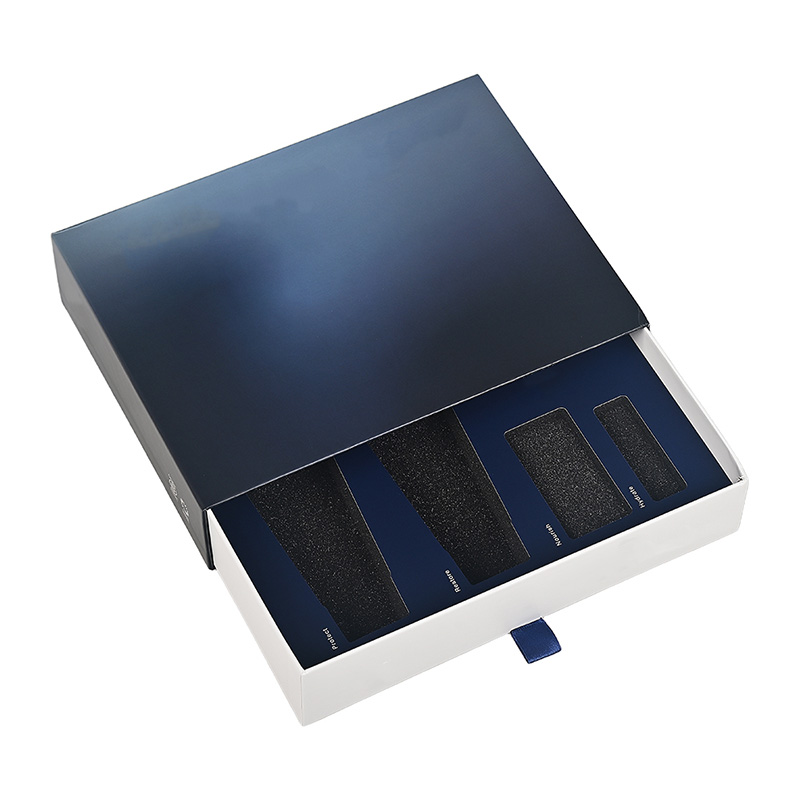 صندوق هدايا لوشن الجسم على شكل درج وعلامة تبويب سحب بشريط أزرق