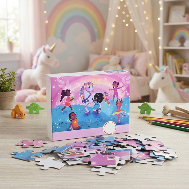 Custom rainbow unicorn educational puzzle box front design with black girl characters