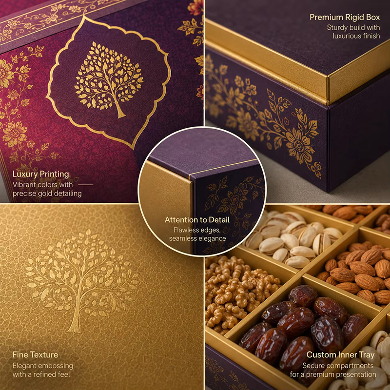 Close-up of a premium rigid box detailing luxury printing, fine texture, and flawless gold foil edges.