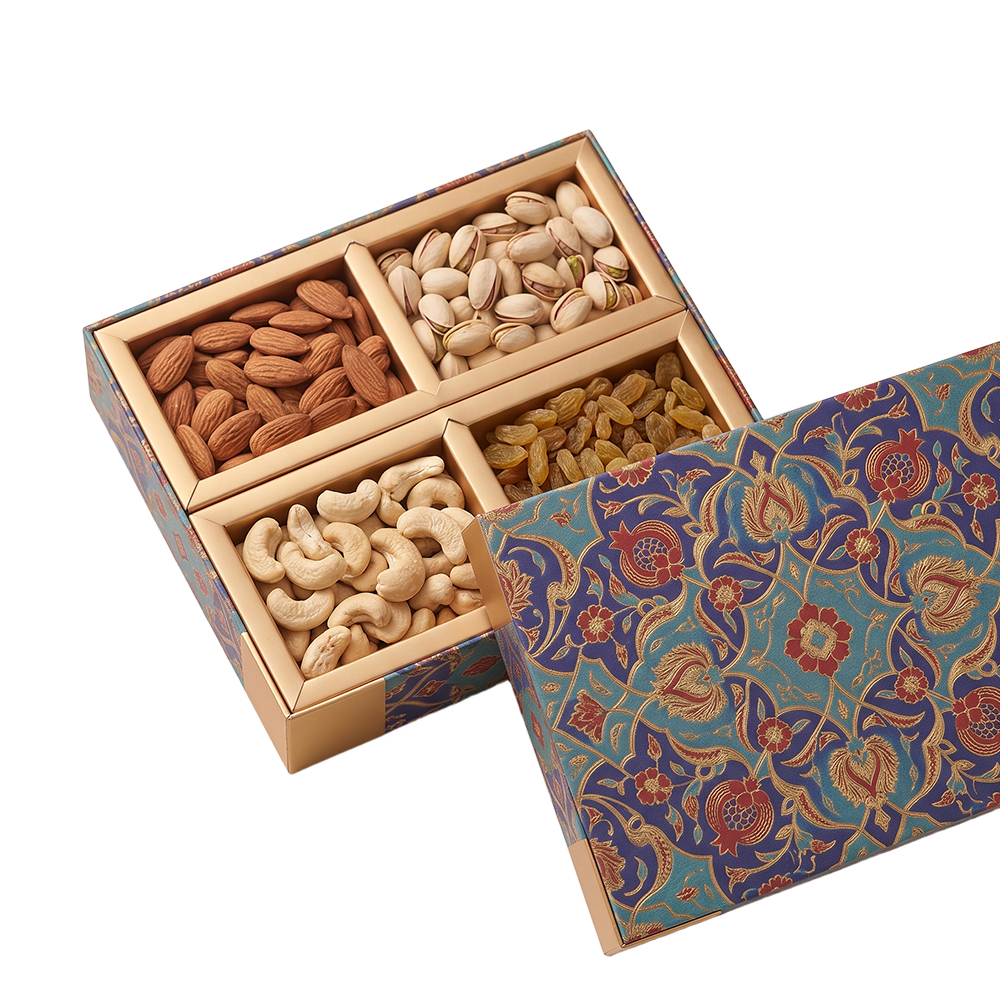 Custom 4-compartment food grade cardboard gift box with removable gold insert.