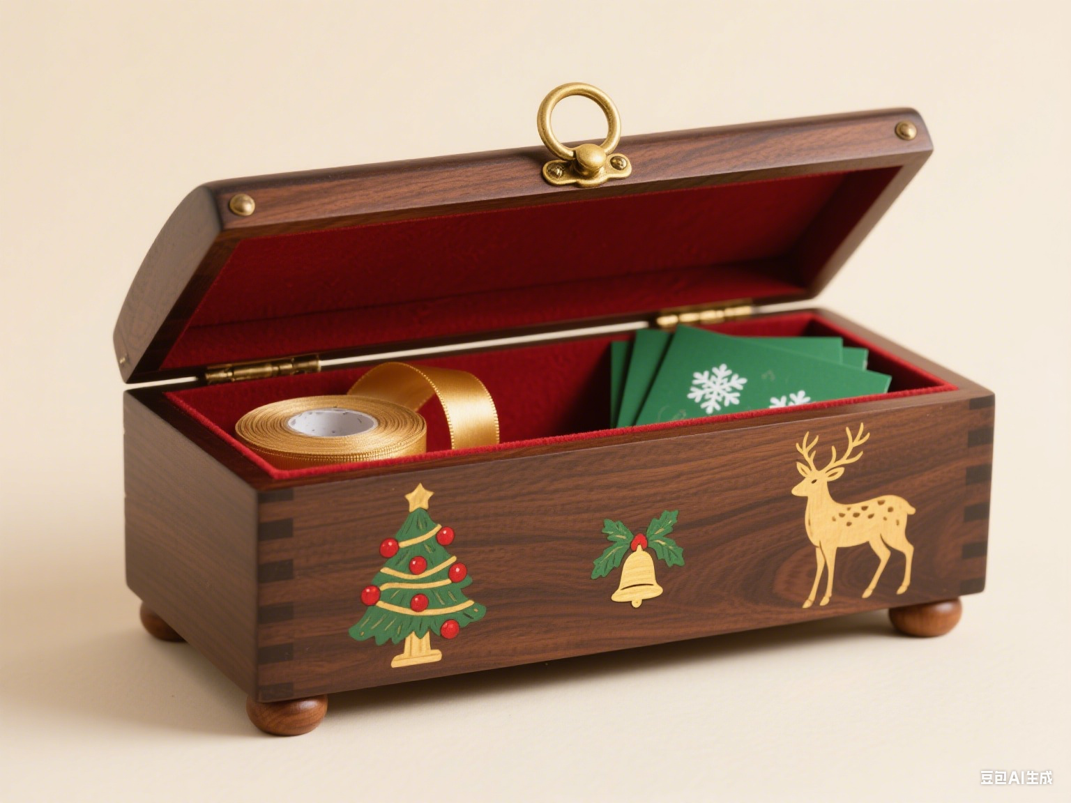 An open wooden box with a dark brown exterior features Christmas - inspired decorations: a green and red Christmas tree, a gold bell with holly, and a golden deer. The interior is lined with red velve
