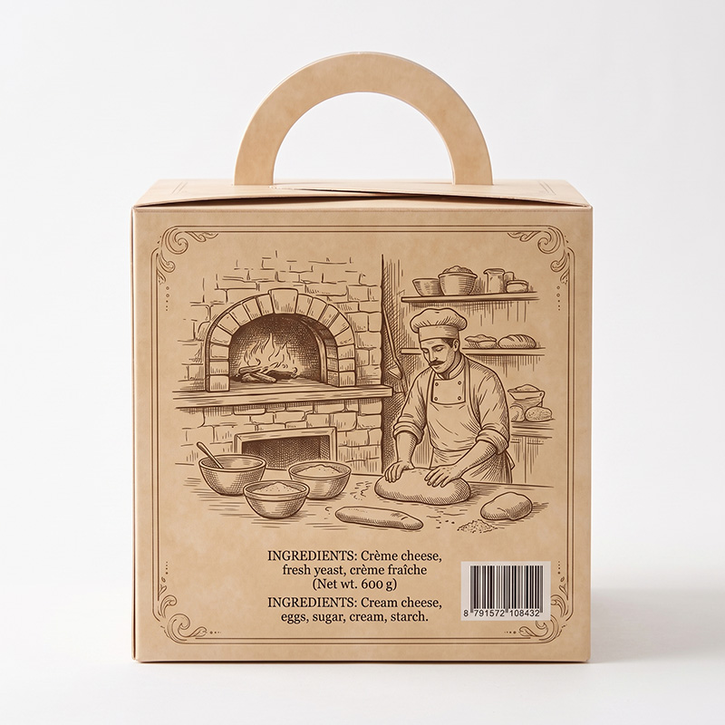 Detailed food packaging label and branding on the reverse side of a paper handled cake box, by Brothersbox.