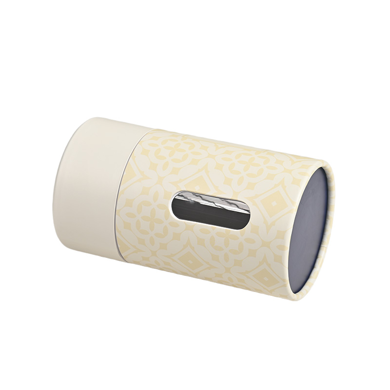 Horizontally placed paper tube cookie packaging featuring a clear viewing window