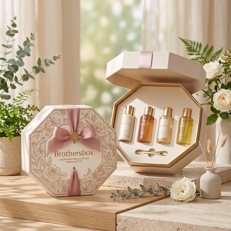 Brothers box achteckige Körperpflege boxen in einem eleganten Lifestyle-Ambiente mit weißen Rosen.