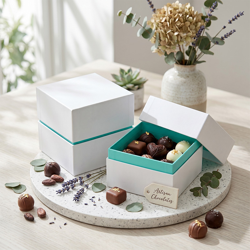 Boîte à truffes en chocolat blanc classique avec col d'épaule bleu sarcelle par Brothersbox, rempli de chocolats artisanaux.