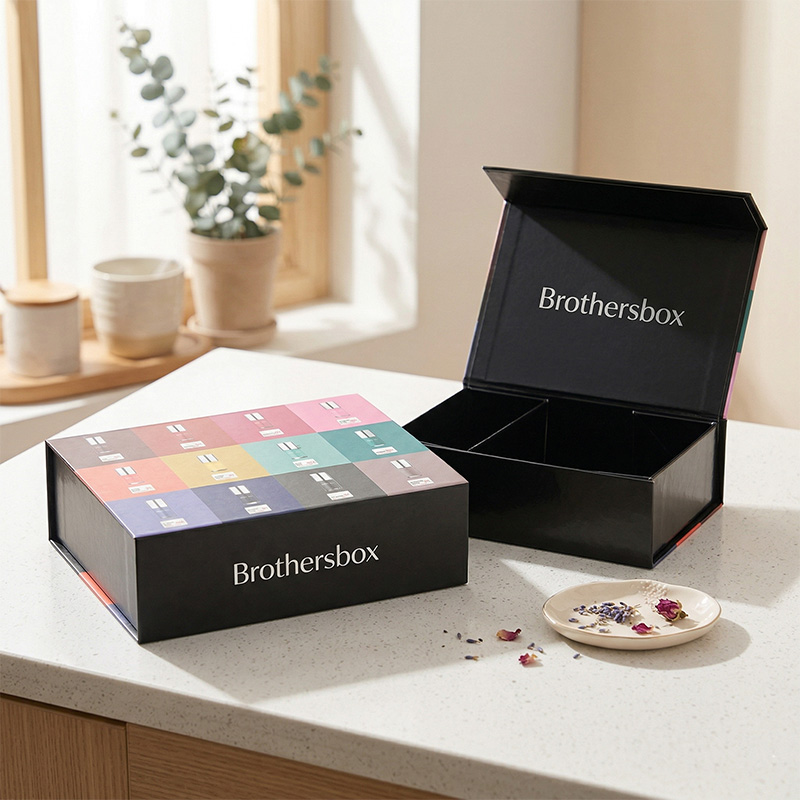 Vue latérale et avant d'une boîte de vernis à ongles pliable d'économie d'espace avec des couleurs et des étiquettes vibrantes.