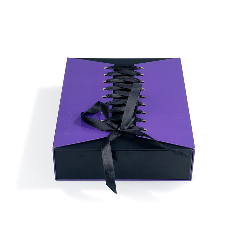 Luxurious custom makeup box, purple and black with corset details, product of Brothersbox manufacturing.