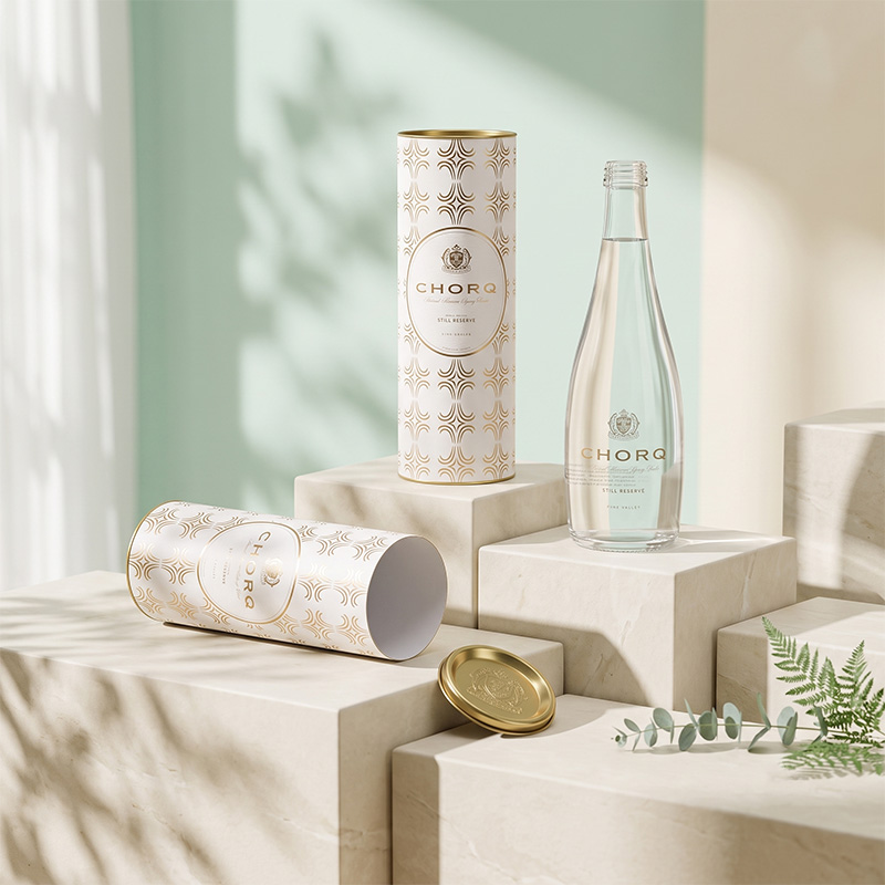 Luxury cylindrical water packaging box and artisan glass bottle lifestyle display