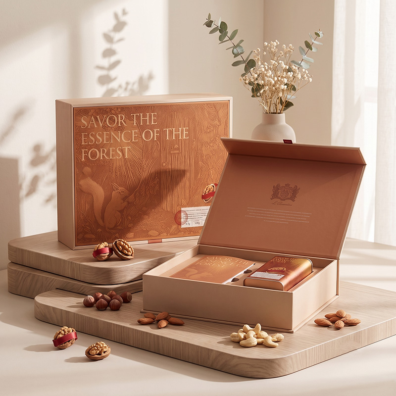 Individuelle Verpackungslösungen für Trockenfrüchte von Brothersbox, umgeben von gesunden gemischten Nüssen.