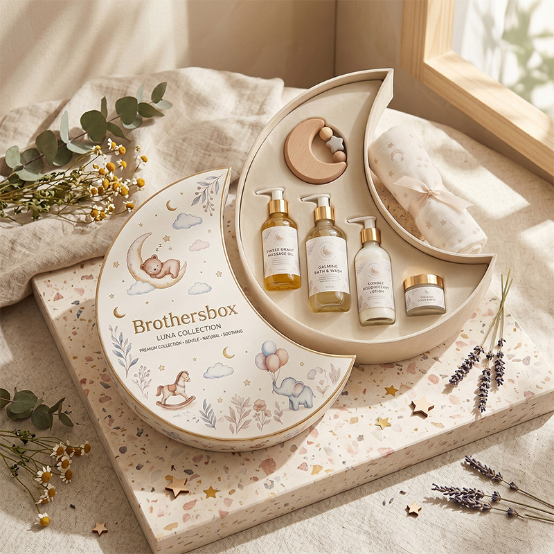 Affichage esthétique de croissant de lune bébé skincare boîte-cadeau sur plateau en terrazzo avec fleurs séchées