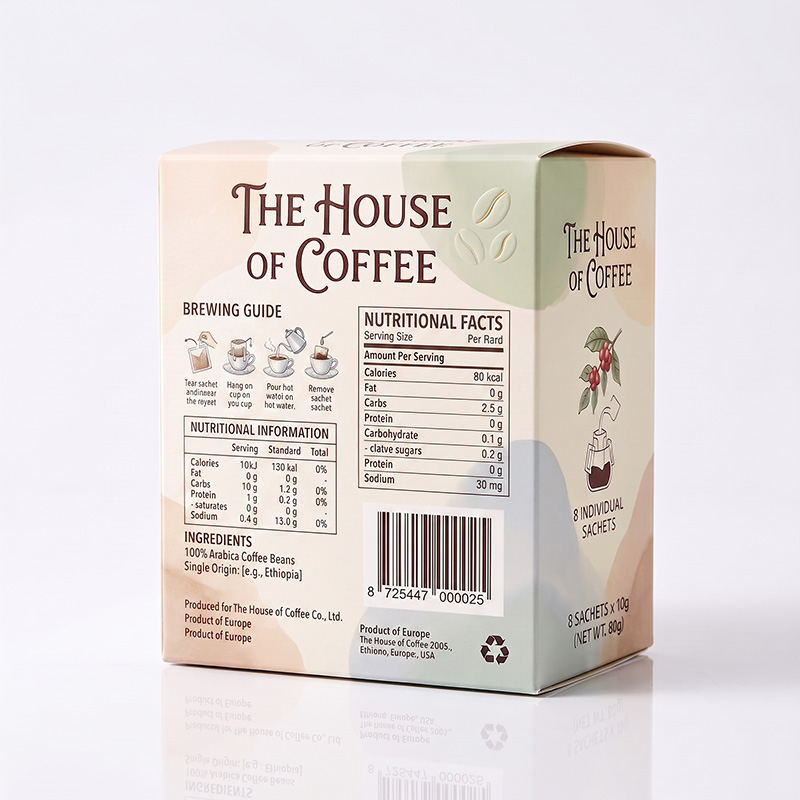 Rückseite der benutzer definierten Kaffee verpackungs box mit Brau anleitung und Nährwert angaben.