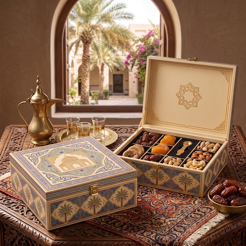 Ramadan und Eid festliche Kulisse mit offenen und geschlossenen Geschenk boxen aus Holz islamischer Kunst, gefüllt mit Premium-Datteln.