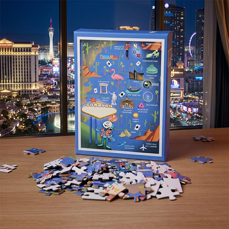 Image de mode de vie de Las Vegas sur le thème des enfants puzzle sur une table contre une ville de nuit.