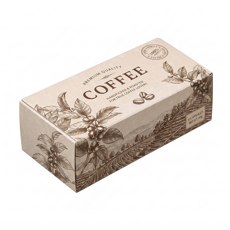 Closed custom printed coffee capsule box with vintage coffee branch illustration by Brothersbox