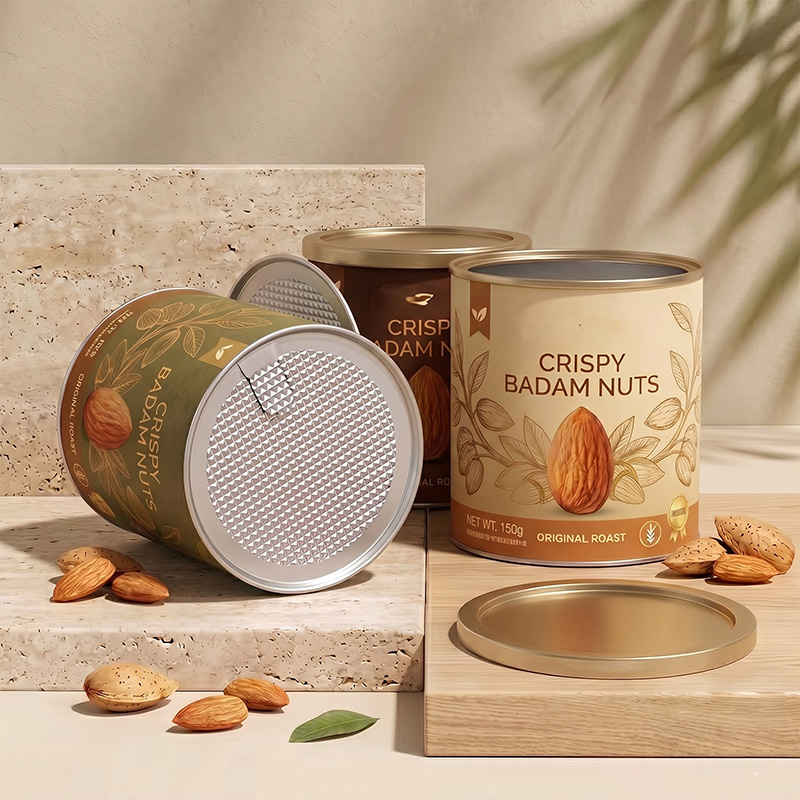 High-end almond tin packaging with gold metal lid and foil seal