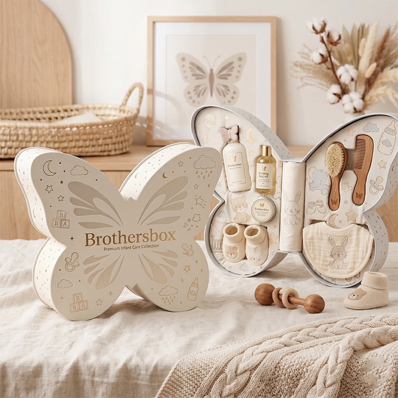 A sophisticated combination of an open and a closed butterfly-shaped gift box for newborns, showcasing the premium customization from Brothersbox in a styled home environment.
