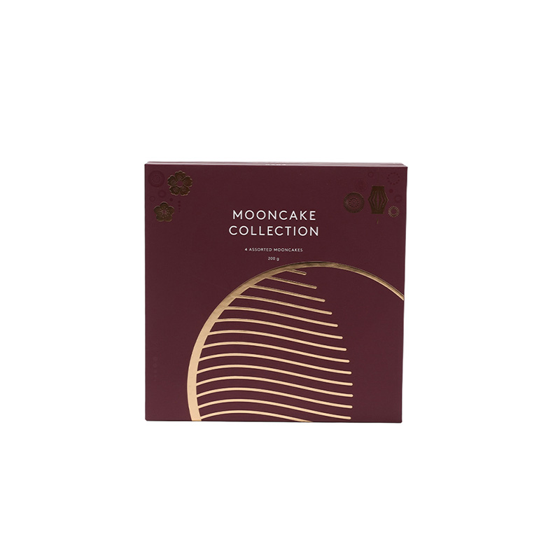 Closed traditional mooncake packaging, burgundy with gold moon and lantern patterns, Brothersbox design.