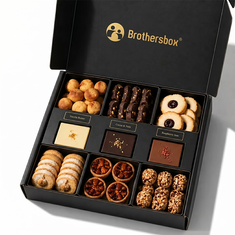 Close-up of open multi-compartment mailer box for dry fruits, nuts, and luxury biscuits.