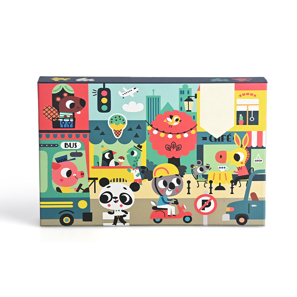 Caja de rompecabezas preescolar personalizada de 48 piezas con vibrantes ilustraciones de la vida de la ciudad.