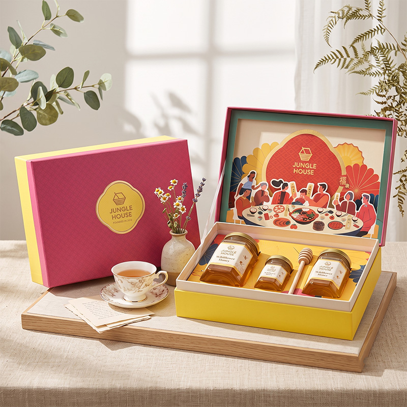 木製のテーブルに紅茶と春の花々を添え、豪華な祝祭用のはちみつギフトボックスが並ぶライフスタイル風のシーン。