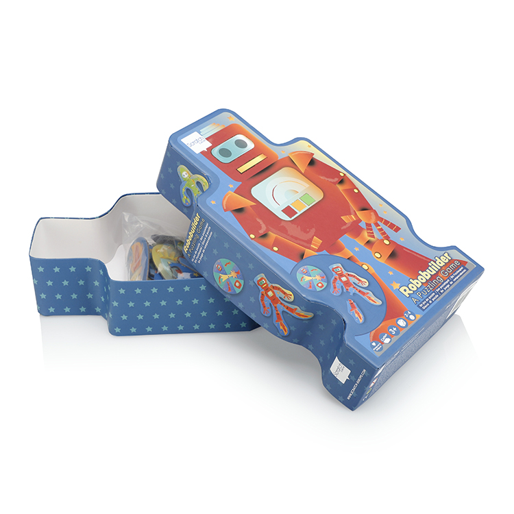 عرض انفجرت من الروبوت لغز مربع لعبة مفتوحة مع مكونات اللعبة حقيبة في الداخل.