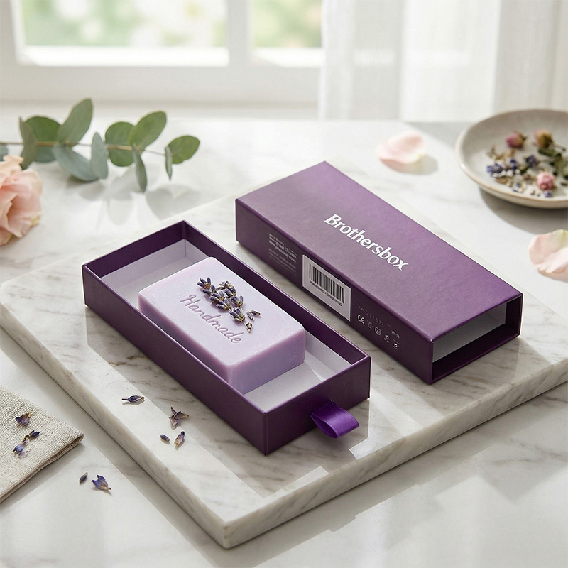 Brothersbox 로고가있는 맞춤형 보라색 서랍 스타일 비누 상자