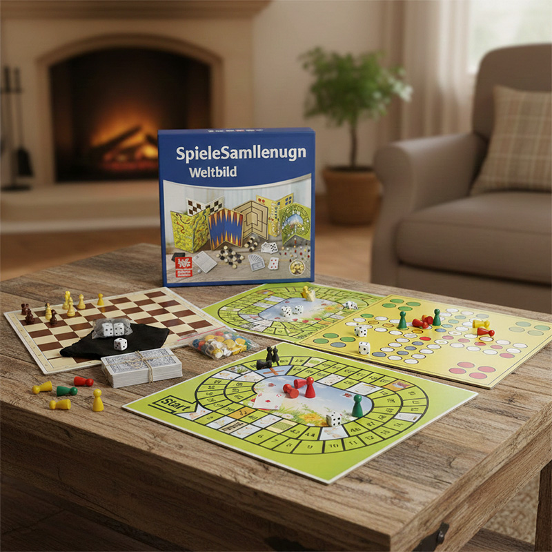 Family board game collection displayed on a wooden coffee table in a cozy living room with a fireplace.