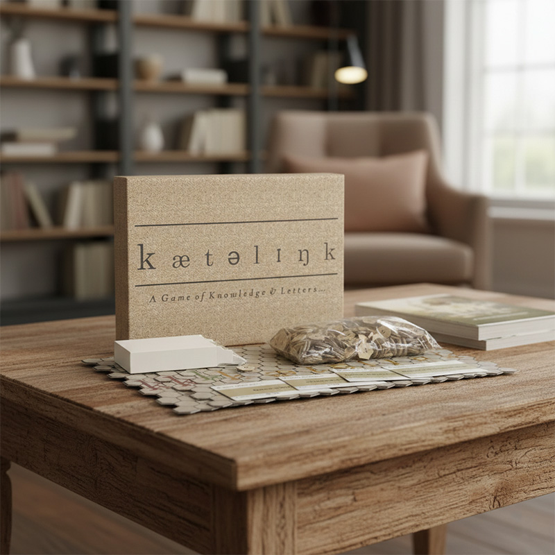 Estilo de vida shot de trivia jogo de tabuleiro em uma mesa de café de madeira em uma casa moderna.