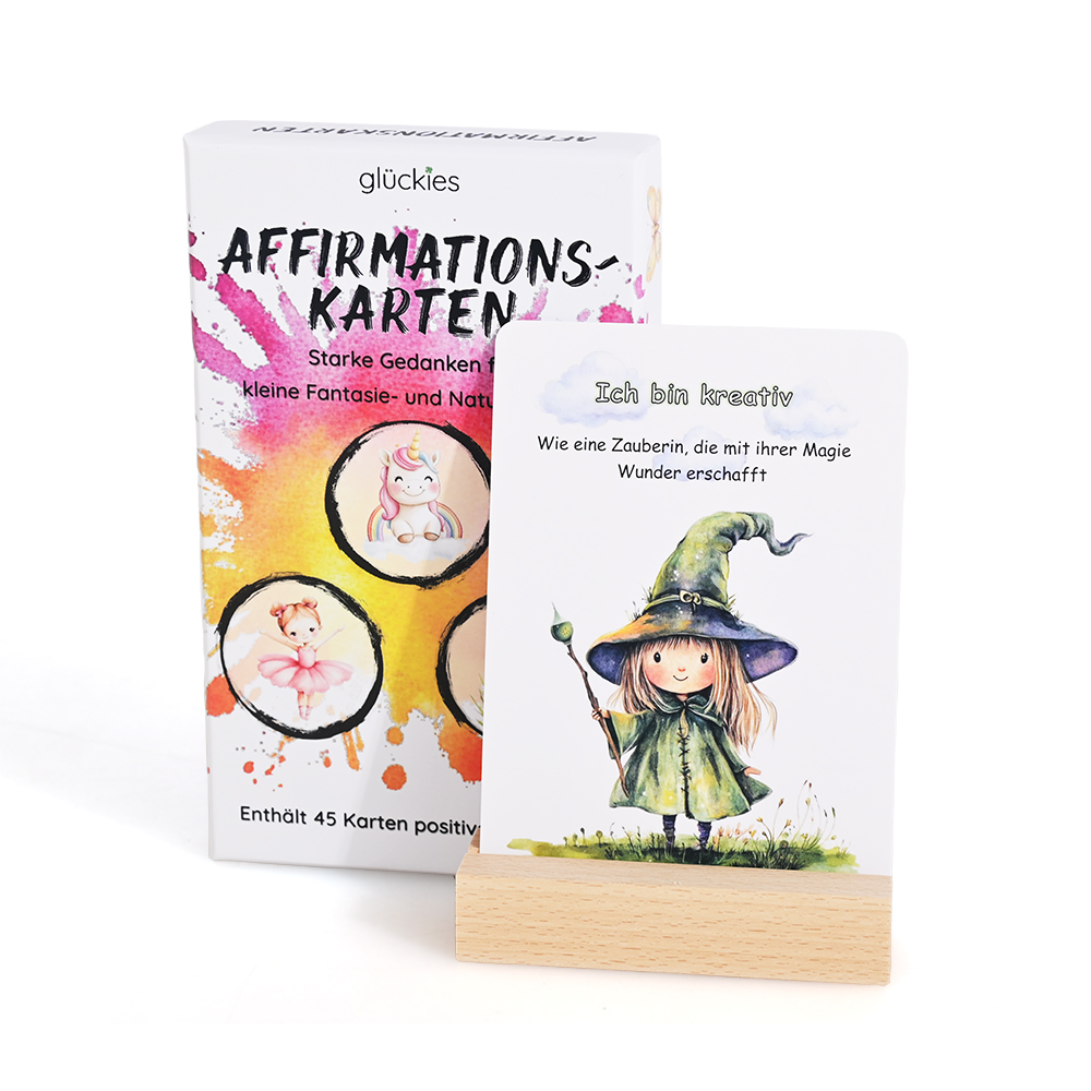 Open box view of children's flash cards set with wooden base