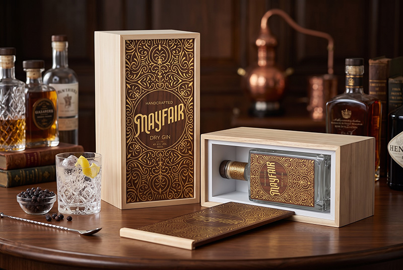 A Brothersbox, fabricante de embalagens de vinhos e destilados personalizados premium, exibe uma caixa de presente de madeira ornamentada com design sofisticado.