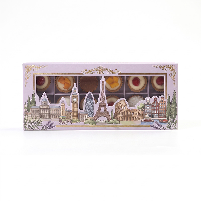 Rectangular paper cake box with transparent display window and European landmark print