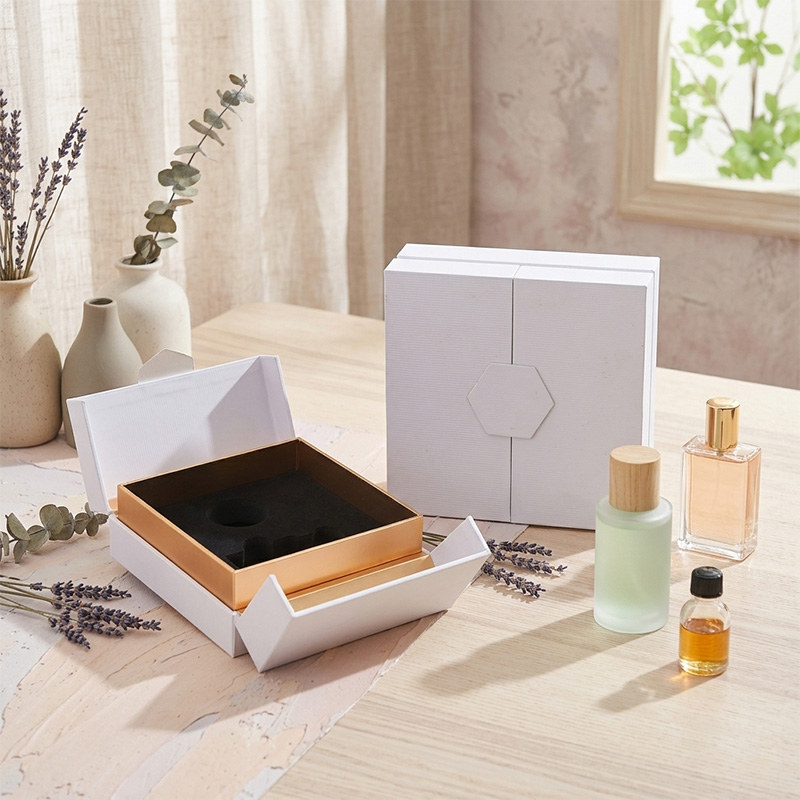 Luxury custom perfume box set on wooden table with bottles and lavender, featuring double door style