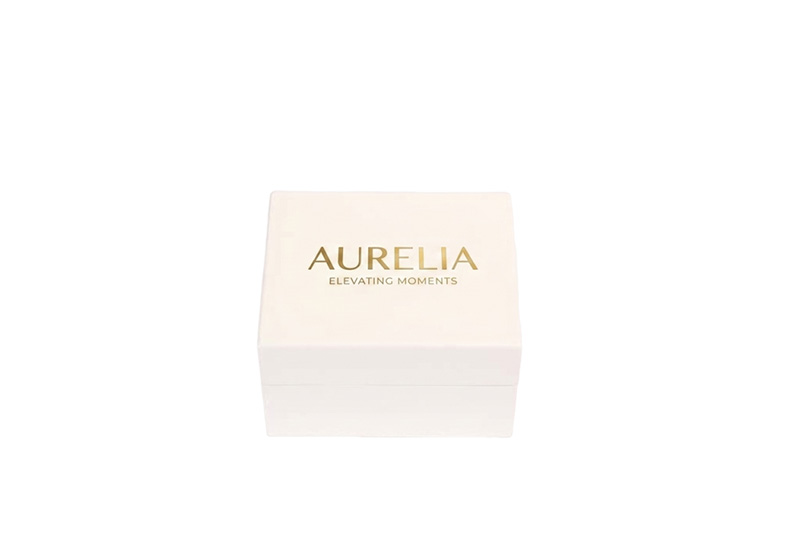 Closed minimalist white wooden watch storage box with gold logo on top