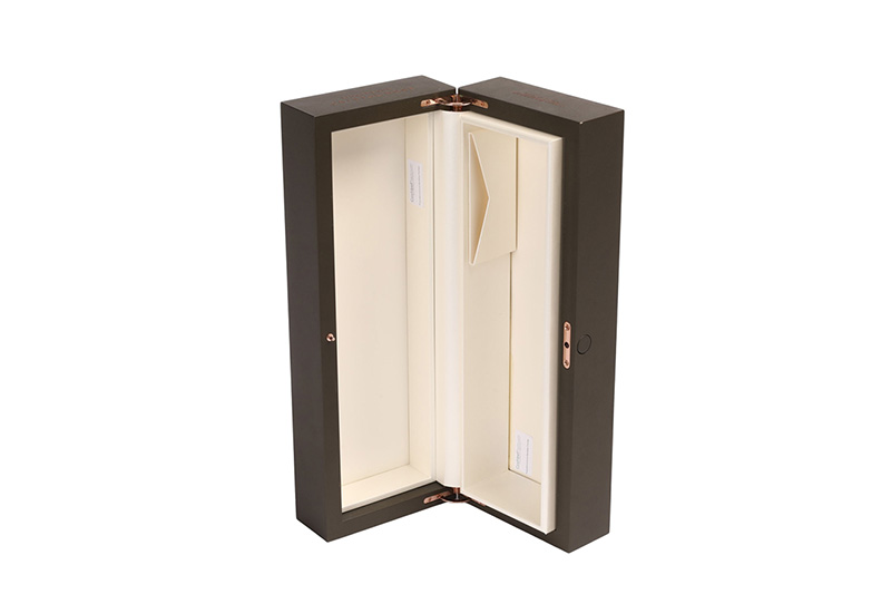 Open rectangular wooden wine box showing cream lining and interior card pocket