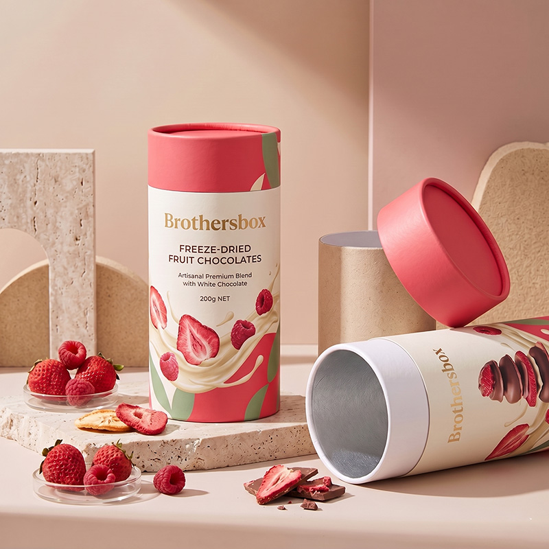 Brothersbox custom cylindrical packaging for freeze dried strawberry chocolates with removable lid