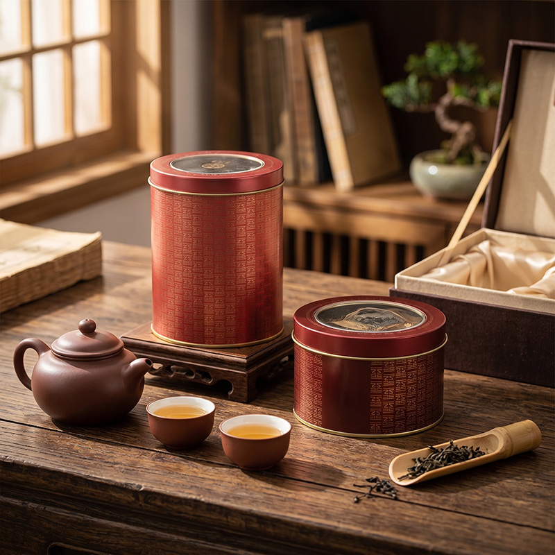 Lifestyle setting of high-quality cylindrical tea tin boxes on a wooden table with teapot and teacups