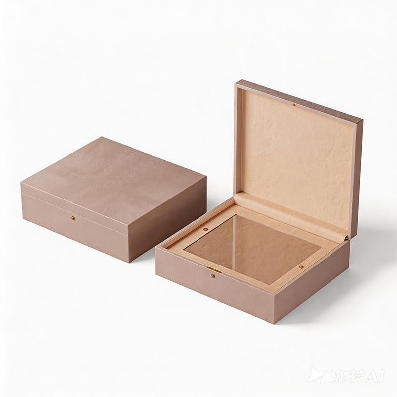 Conjunto de caixa de perfume de luxo Brothersbox, fechado e em perspectiva, com acabamento em couro sintético rosa texturizado e um fecho de botão dourado sutil.