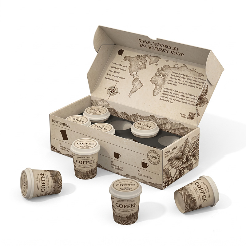Custom coffee capsule packaging mailer box with printed brewing instructions on side panel