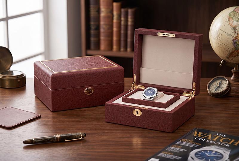 Caixa de relógio de slot único de couro cor de vinho de luxo da Brothersbox exibida em uma mesa de madeira com um relógio de prata dentro.