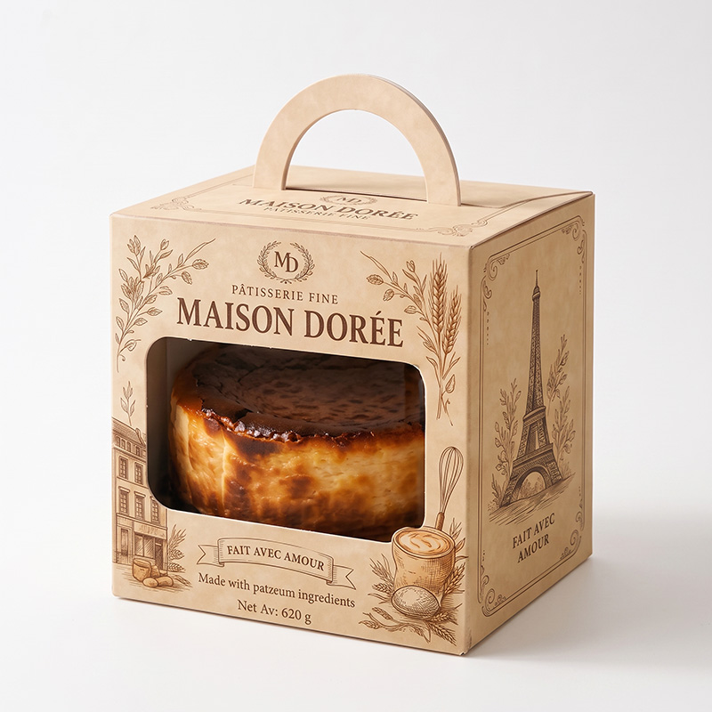 Custom branded paper cake box with integrated die-cut handle, showing the product inside through a clear window, by Brothersbox.