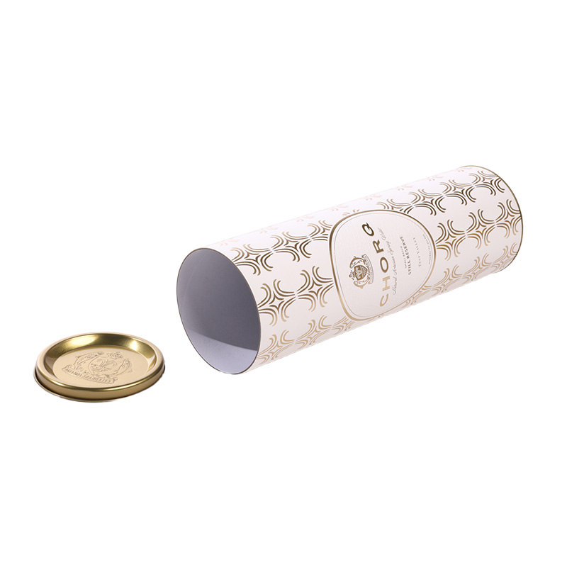 Open premium cylindrical cardboard tube with separate gold metal lid
