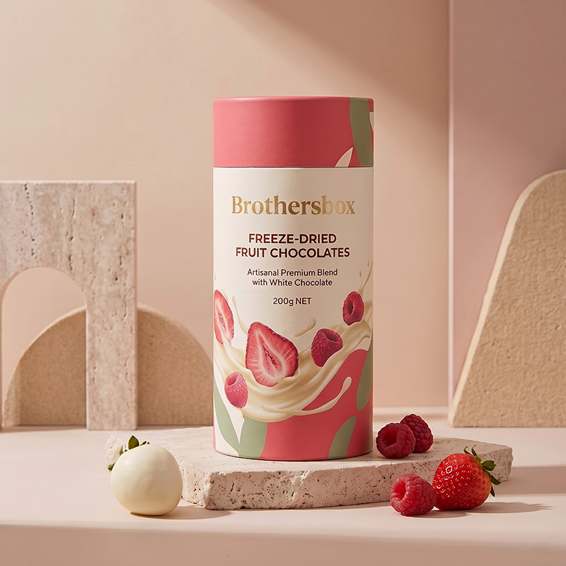 Brothersbox single standing cylindrical dry fruit box for freeze dried strawberry chocolates