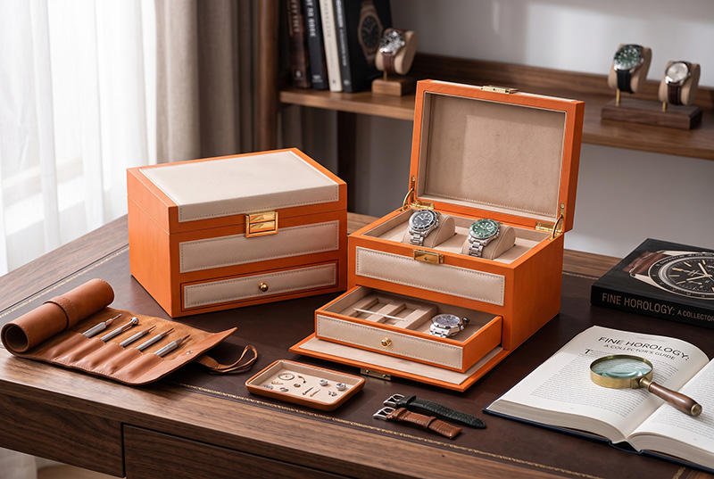Caja de Colección de Relojes de Cuero para hombre de doble nivel de lujo en el escritorio de madera con relojes y herramientas