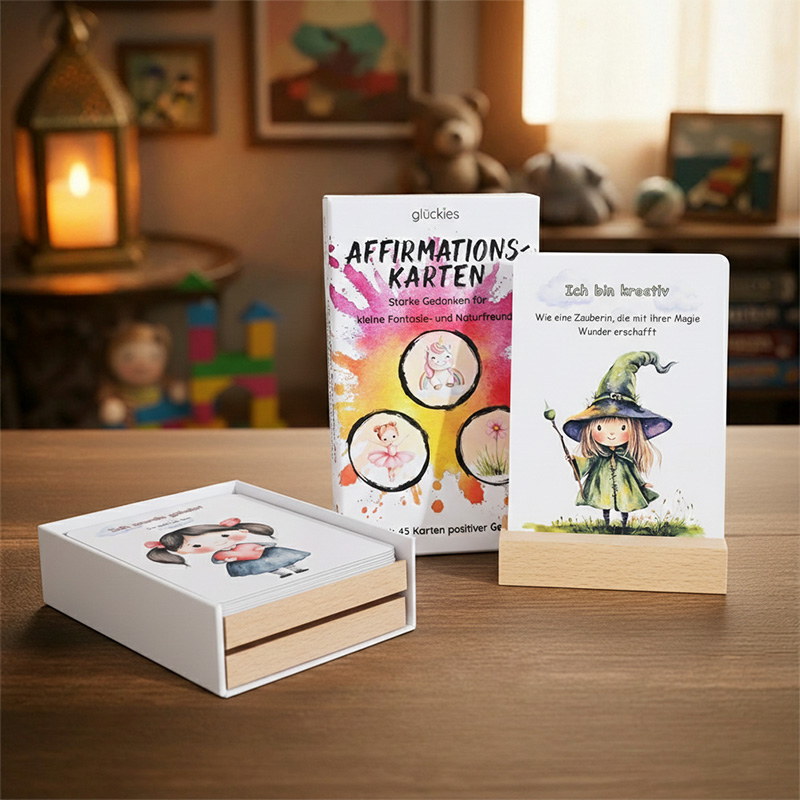 عرض صندوق مفتوح لمجموعة بطاقات فلاش للأطفال مع قاعدة خشبية