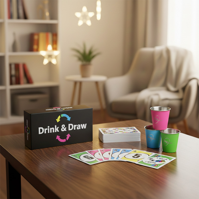 Caja de juego negra impresa personalizada por Brothersbox con el logotipo de bebida y dibujo y la ilustración del ventilador de la tarjeta.